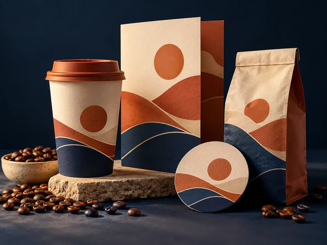 Illustrative café identity concept with terracotta coffee packaging, menu and coaster.