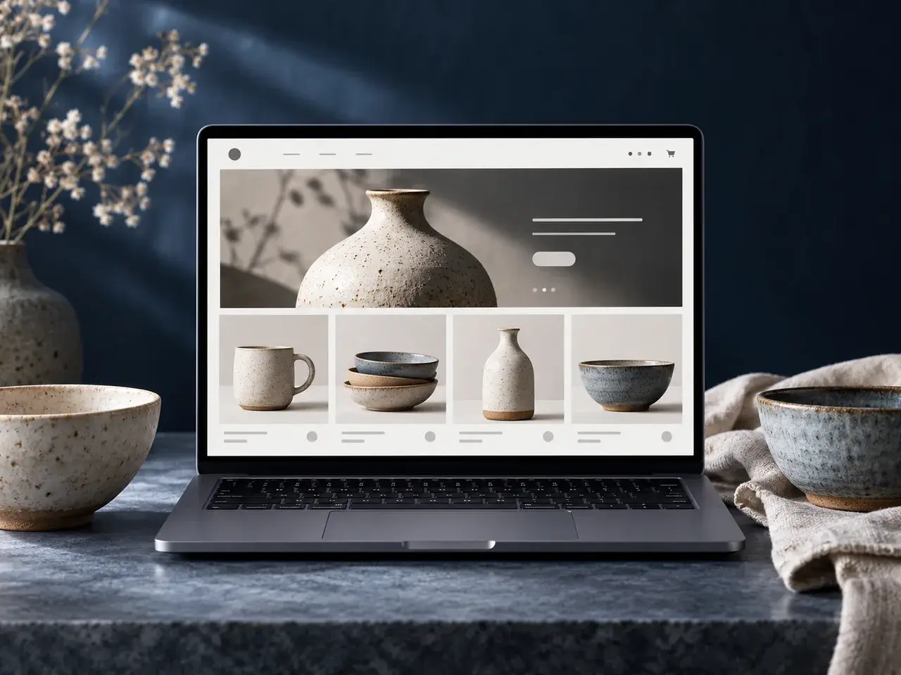 Illustrative ceramics storefront concept on a laptop beside handmade bowls.